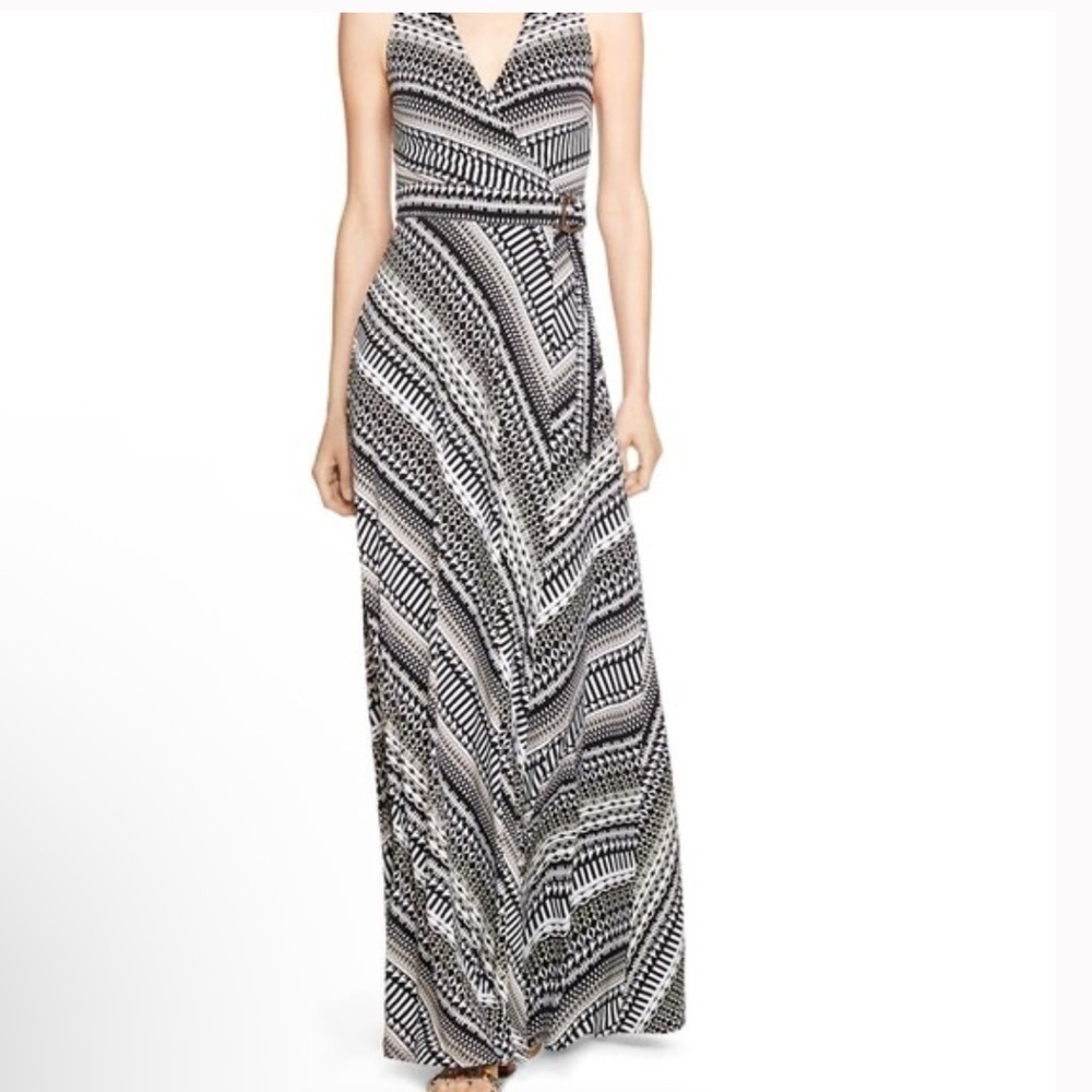 WHITE HOUSE BLACK MARKET Halter Surplice Printed Maxi Dress Blk White SZ 2 EUC
